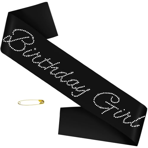 Elegant Birthday Girl Sash, Black Satin Birthday Sash with Glitter Rhinestones Decorations for Girls or Women Disco Bday, 10th, Official Teenager, Sweet 16, Finally 21, or Any Other Bday Party