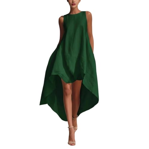 Womens Round Neck Slim Fit Front Short Back Long Irregular Loose Casual Sleeveless Vacation Dress (Green,Medium)