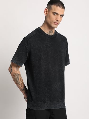 Image of Men Black Self Design Oversized Round Neck T-Shirt