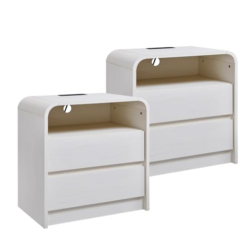 Image of Aitjunz 25 inch Tall Modern Nightstand Set of 2, 23.6'' Wide Wood Bedside Table w /2 Storage Drawers, Charging Station, Mid Century End Table for Bedroom, Living Room,Curved Profile Design, Antique White