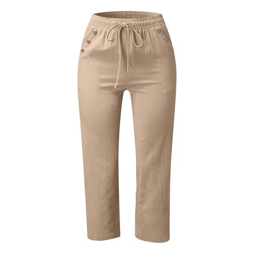 Linen Capri Pants for Women Plus Size Casual Summer Petite Straight Wide Leg Baggy Drawstring Cropped Trousers Travel3