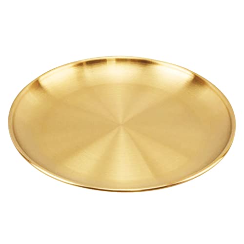 Vusddy Bandeja redonda dorada – Bandeja dorada de acero inoxidable – Plato decorativo de metal para velas, joyas, maquillaje, juego de té, jarrones, mesa de entrada decorativa (14 cm)