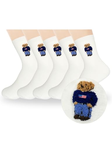 5 Pairs Cute Bear Cotton Crew Socks, Size 4-7