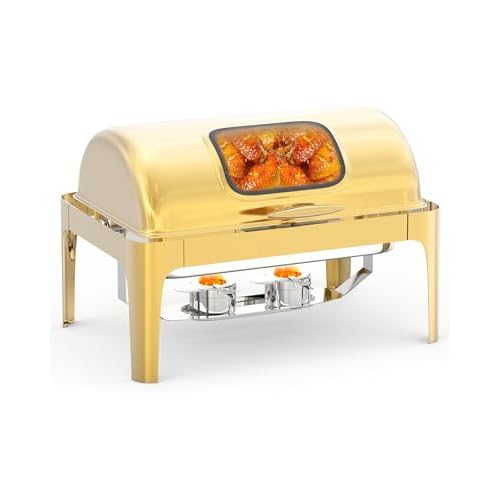 GarveeHome Roll Top Chafing Dish for Buffet, 9QT Retangle Stainless Steel Food Warmer Server with Visible Lid Water Pan Stand Fuel Holder Clip,for Parties, Birthday, Hotels and Weddings, Gol