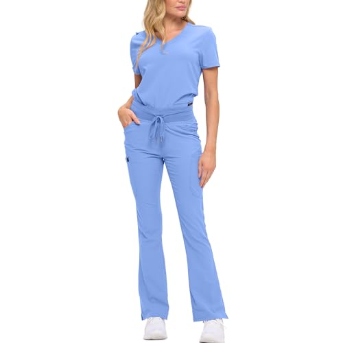 Monarch Uniforms Women’s Soft Stretch Scrub Set With Nine Pockets– V-Neck Top & High-Waisted Bootcut Pants-CEIL BLUE-2X