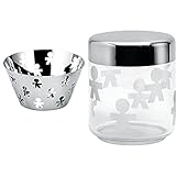 alessi girotondo akk05 fruttiera di design con decoro traforato, acciaio inox 18/10, lucido & akk36 girotondo barattolo ermetico in vetro serigrafato con coperchio in acciaio lucido