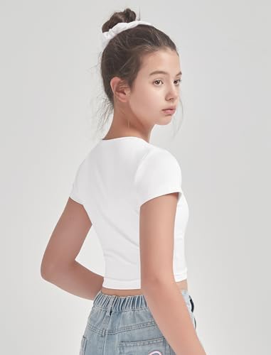 EXARUS 3 Pack Girls Cropped Slim Fit T Shirts Short Sleeve Soft Basic Crew/Mock/Square Neck Tees Side Waist Ruched Tops4