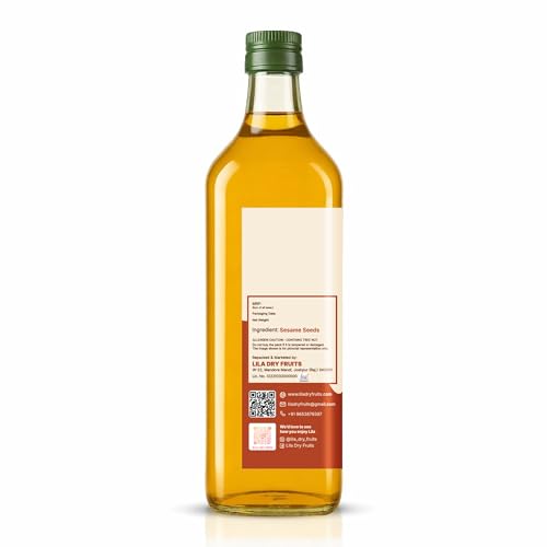 Image of LILA DRY FRUITS Sesame Oil 1 L (500 ML x 2) Gingelly Oil for Cooking, Tempering & Traditional Recipes | Natural Til ka Tel for Daily Kitchen Use Cold Pressed Seseme Oils Cholesterol Free Goodness of Omega 6