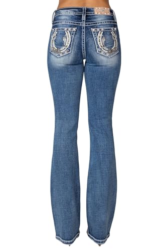 Miss Me Women's Mid-Rise Bootcut Jeans - Western Horseshoe & Feathers Embellished