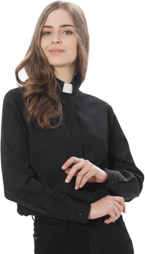 Camisa de clérigo para mujer para sacerdote de la iglesia, camisa de manga larga, cuello de pestaña, otoño/invierno, Negro, 3XL
