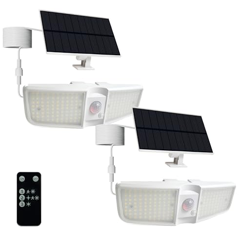 Cozeet Motion Solar Floodlights Outdoor, 180 LED Bright Waterproof, Dusk to Dawn 6500K Solar Security Lights IP65 for Wall Porch Garage, White 2 Pack