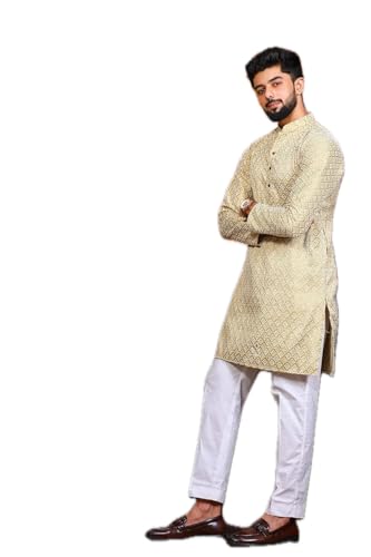 Image of LookMark Men's Printed Silk Blend Kurta with Mandarin Collar, Full Sleeves, Straight Fit Traditional Ethnic Wear