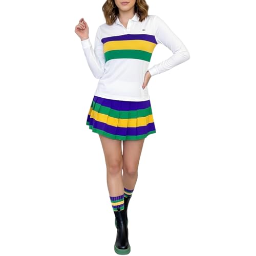 Outfit for Women, 2 Piece Striped, Long Sleeve Quarter Button Top with Pleated Skirt Set, for Workout White s