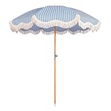 Funsite 6.5ft Boho Beach Umbrella with Fringe, UPF 50+ Tassel Umbrellas with Carry Bag, Premium Wood Pole Foldable Patio Umbrella for Outdoor Holiday Garden Lawn Pool Yard Table, Blue Stripe