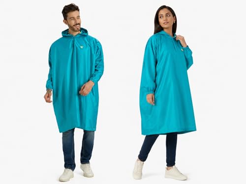 Image of ZEEL Unisex Outdoor Rain Poncho for Adult, Waterproof, Lightweight & Packable, Polyester Pullover Full Sleeves Hooded Rainwear, Raincoat for Camping, Hiking, Travelling (AZ33, Free Size, Columbia)