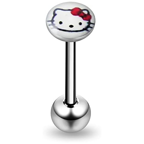 PiercingPoint Flat Top White HELLO KITTY Logo with 16MM Surgical Steel Tongue Rings Cover