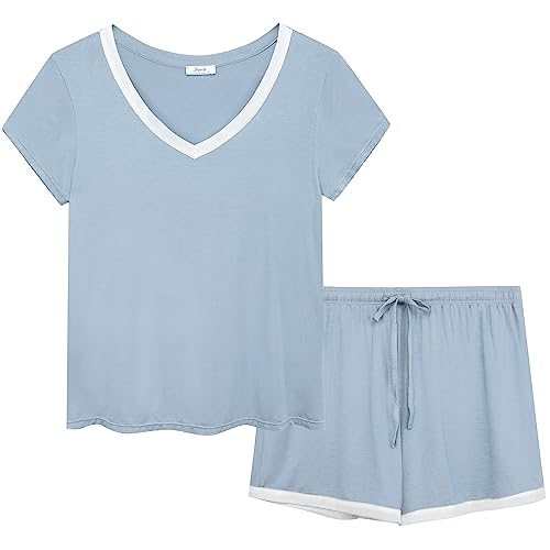 Joyaria Cooling Pajama Shorts Set for Women Short Sleeve Bamboo Viscose Pjs Moisture-Wicking Breathable Sleepwear (Dusty Blue,L)
