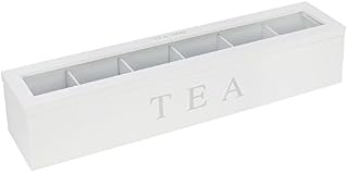 com-four® Tea Bag Storage Box - White Wooden Box with Viewing Window - Tea Box Made of Wood with 6 Compartments for up to 90 Tea Bags (01 pieces - 43x9x8.7cm white)