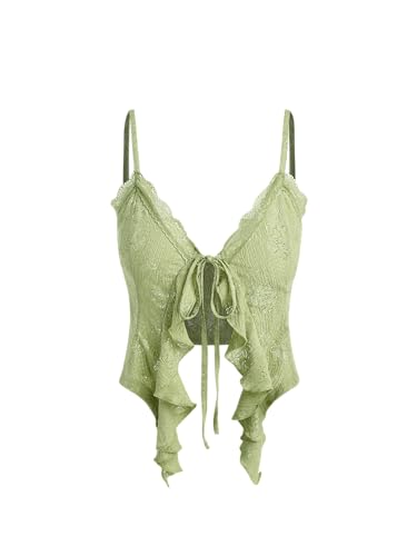 CIDER Going Out Tops for Women Y2K Tie Front Asymmetrical Ruffle Hem Lace Spaghetti Strap Cowgirl Crop Tops Green