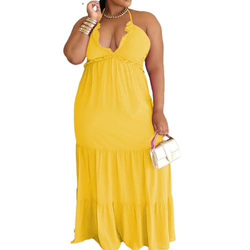 Image of TOPSRANI Womens Sleeveless Maxi Dress Halter Casual Backless Smocked Tiered Ruffle Flowy Sexy Slip Sling Strap Dresses