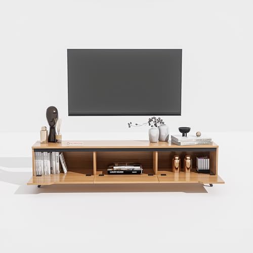 Image of DecorNation Nova Wooden TV Unit Stand (Medium) - Modern Entertainment Table with 3 Closed Compartments for Living Room, Bedroom & Office (55.5 x 13.3 x 16.6 Inches, Bavarian Beech Finish)