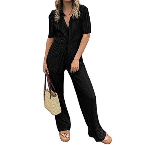 Conjunto de 2 piezas para mujer, trajes casuales de manga corta con botones, cintura alta, pantalones largos, ropa de descanso, ropa de calle, Negro, S Cover