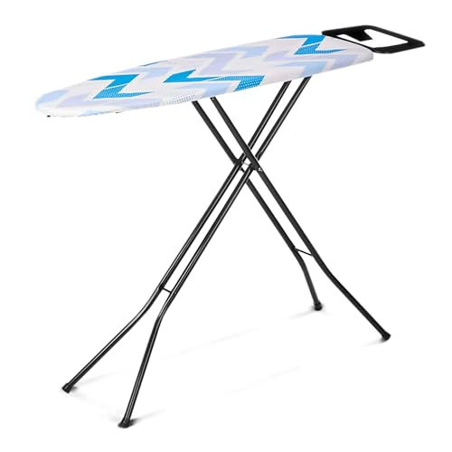 TIENDA EURASIA – Tabla de Planchar Zig Zag | Material Metal Negro, Algodón y Poliéster Azul y Blanco | Plegable | Diseño Geométrico | Medidas Abierto: 117x33x88 cm + Tabla: 97x30x4 cm
