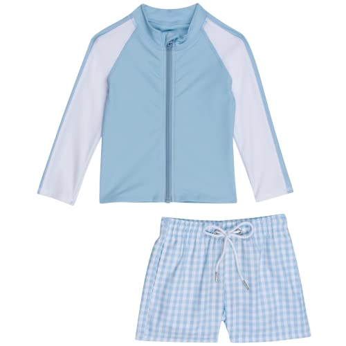 SwimZip Boys Long Sleeve Rash Guard & Swim Shorts Set - UPF 50+ Sun Protection Blue Gingham