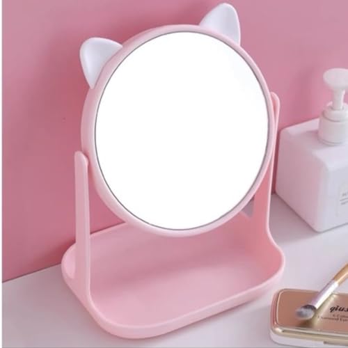 Espelho Giratorio Redondo Gatinho de Mesa Maquiagem SkinCare Com Bandeja Para Porta Objetos Acessori