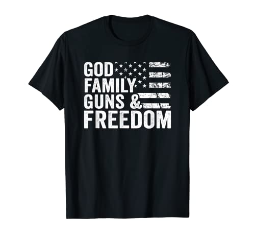 GOD FAMILY GUNS & FREEDOM - Pro Gun Christian USA Flag T-Shirt