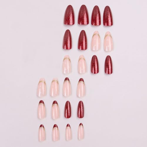 Image of Secret Lives Glossy Artificial Light Pink & Red Color with Red and Golden Glitter Designer Fake False Press on Nails 24 pieces Set with Kit