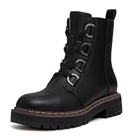 Athlefit Women's Black Combat Ankle Boots Platform Chunky Low Heel Boots Fashion Lug Sole Lace Up Booties Size 8