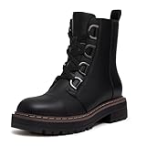 Athlefit Women's Black Combat Ankle Boots Platform Chunky Low Heel Boots Fashion Lug Sole Lace Up Booties Size 8