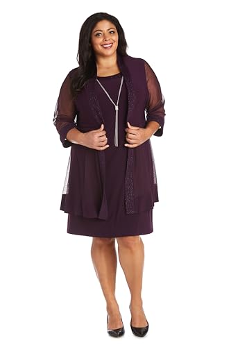 Image of R&M Richards Women's Elegant 2-Piece Shift Dress with Pleated Shimmer Duster Jacket for Mother of the Bride, Cocktail Attire