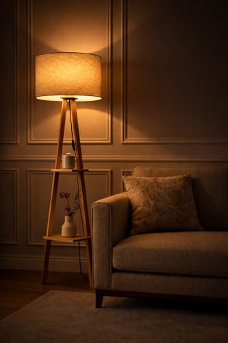 Image of Tripod Floor Lamp with Shelves, Wooden Stand, Linen Shade, Living Room Decor