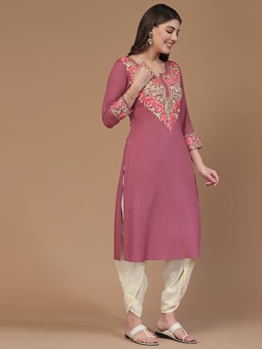 Image of QAZMI Women's Noura Kashmiri Aari Embroidered Viscose Rayon 3 /4 Cuff Sleeves A-Line Kurta