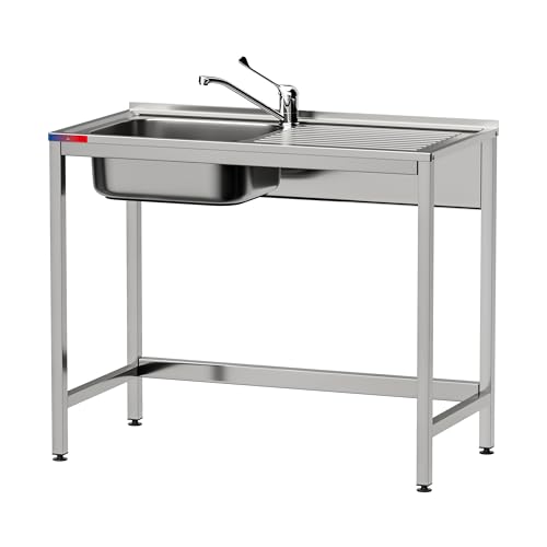 GASFRIT Fregadero Industrial Acero Inoxidable, 1 Seno con Escurridor, 1000x500x850 mm, Acabado Pulido Satinado, Ideal Hostelería y Cocina Profesional (Monomando Codo, Seno Izquierda)