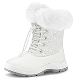 K KomForme Girls Glitter Snow Boots Kids Bungee Lacing Warm Faux Fur-Lined Anti-Slip Outdoor Winter Shoes White Toddler 9M
