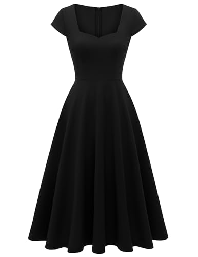 BeryLove Women Vintage 1950s Dresses Homecoming Tea Party Cocktail Dresses A Line Sweetheart Neckline Cap Sleeve Swing Dress 8009 Black L