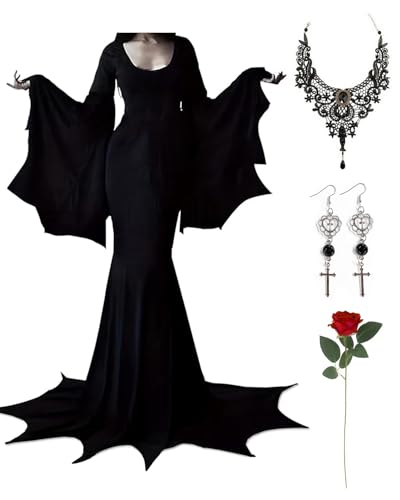 Halloween Morticia Addams Costumes Vintage Gothic Black Long Dress Outfit
