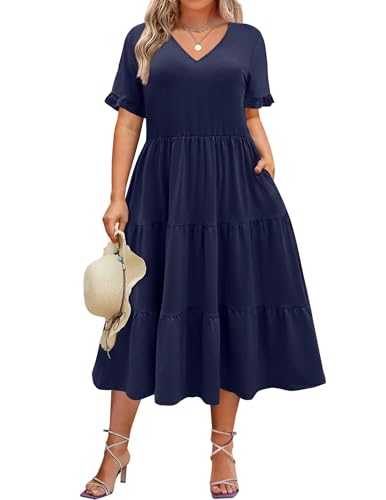 IN'VOLAND Plus Size Womens Summer Dress Short Sleeve Beach Sundress Casual High Waist A-Line Midi Dresses with Pockets Navy Blue