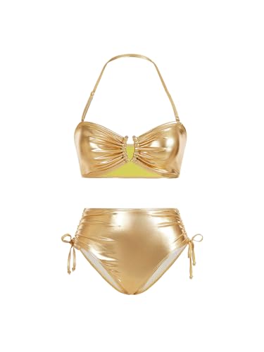 MakeMeChic Women's 2 Piece Bikini Sets Metallic High Waisted Ruched Halter Tie Side Swim Bathing Suit