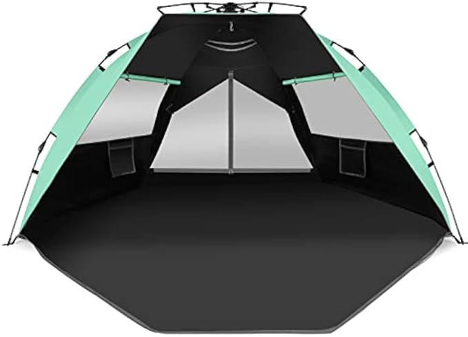 AINUOO Beach Tent Pop Up Shade Sun Shelter, Portable Beach Shade for 4/5/6/ Person Fishing Hiking with Dark Coating Shade Protection Heat Insulation & Sandbags, Anti UV, Ventilation Windproof