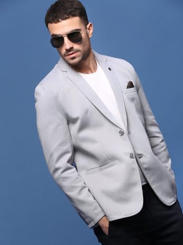 Image of SHOWOFFFF Men Solid Single Breasted Casual Blazer | Notched Lapel Full Sleeves Cotton Blazer for Mens | Slim Fit Regular Length Blazer for Men's