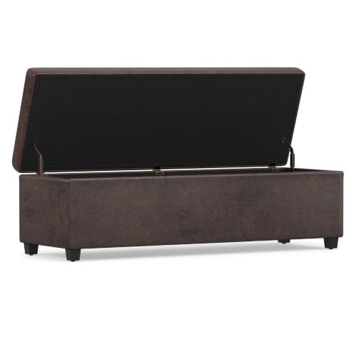 Image of SIMPLIHOME Avalon 54 inch Wide Vegan Leather Storage Ottoman in Brown