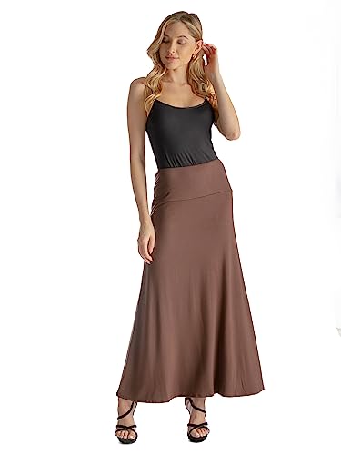 24seven Comfort Apparel Womens Casual Soft Knit Long Maxi Skirt Elastic Waist Wide A-Line Casual Ankle Length Skirts -Available in Standard and Plus Size - Brown (3X)