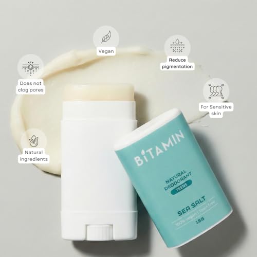 Image of Bitamin Natural Deodorant Underarm Roll On Cream For Kids & Teens | Kids Deodorant Roll On for Girls & Boys With 3% Vitamin C & E | No Aluminium, No Alcohol, No Parabens & No Triclosan | 8 Hour Odour Control, Ages 10-18 | Sea Salt & Strawberry 15 g Each (Pack Of 2)