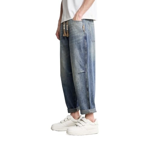 Retro Washed Jeans with Elastic Waist Drawstring Casual Pants2