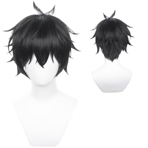 Image of Anime Black Short Wigs with Bangs Men Short Straight Wig Layered Haircut Wig Game Dragon Lunae Cosplay Wigs Halloween,Christmas,Comic con,Game Show,Party