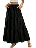 DJT Rock Damen Spitzenbesatz Boho Maxirock Elastisch Taille Casual A Line Elegant Lang Röcke mit Taschen Schwarz Large